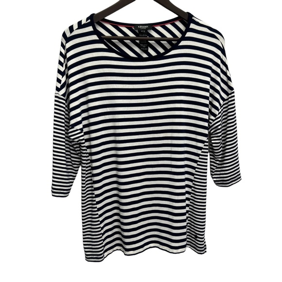 Olsen Europe Navy/White Stripe Round Neck T-shirt Top Size M - Picture 3 of 12